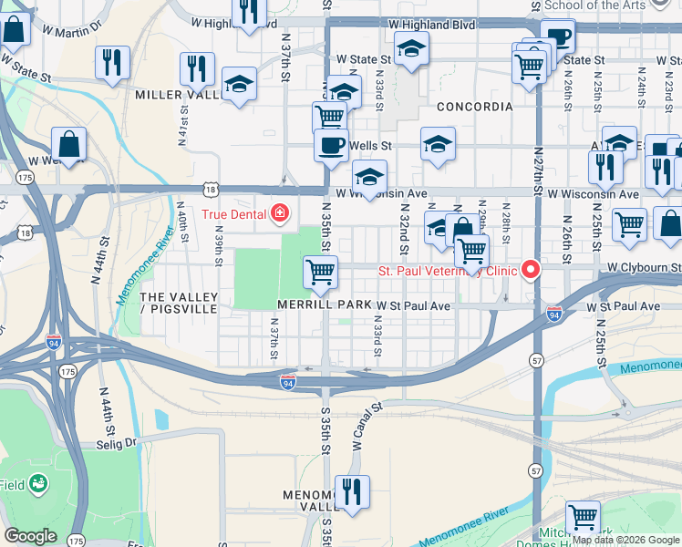 map of restaurants, bars, coffee shops, grocery stores, and more near in Milwaukee