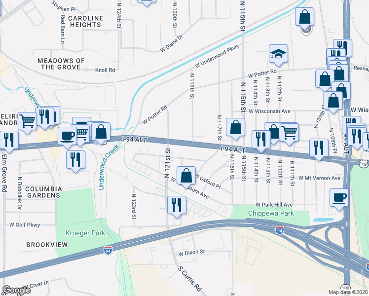 map of restaurants, bars, coffee shops, grocery stores, and more near 12000 U.S. 18 in Wauwatosa