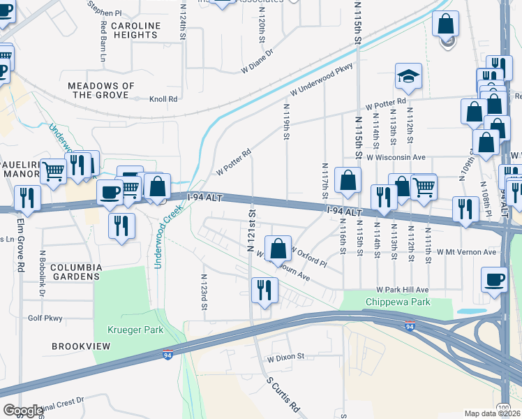 map of restaurants, bars, coffee shops, grocery stores, and more near 12000 U.S. 18 in Wauwatosa