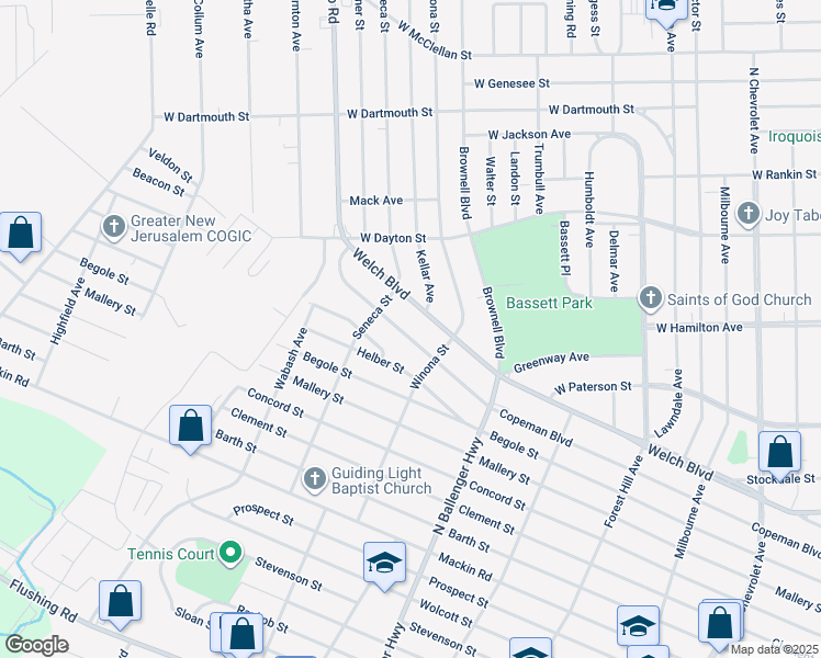 map of restaurants, bars, coffee shops, grocery stores, and more near 2202 Copeman Boulevard in Flint