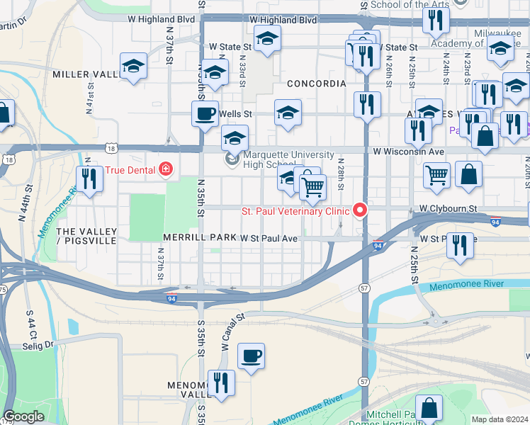 map of restaurants, bars, coffee shops, grocery stores, and more near 3133 West Clybourn Street in Milwaukee