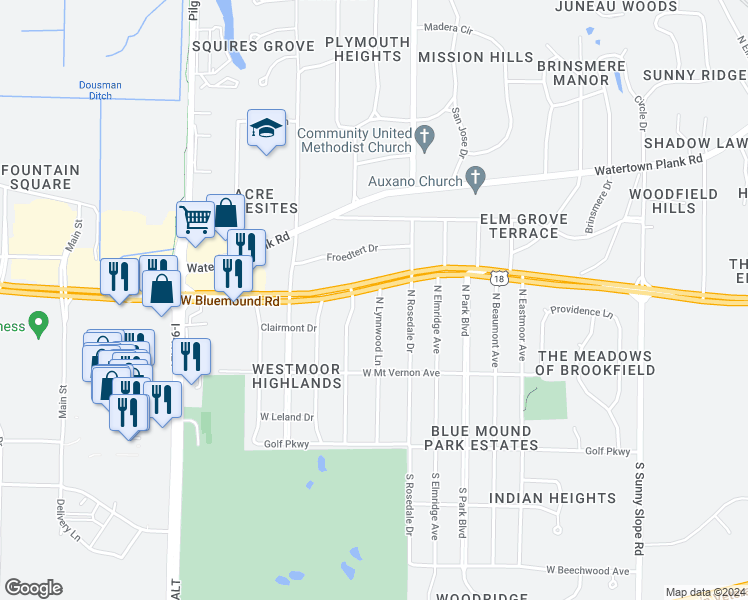 map of restaurants, bars, coffee shops, grocery stores, and more near 475 North Lynnwood Lane in Brookfield