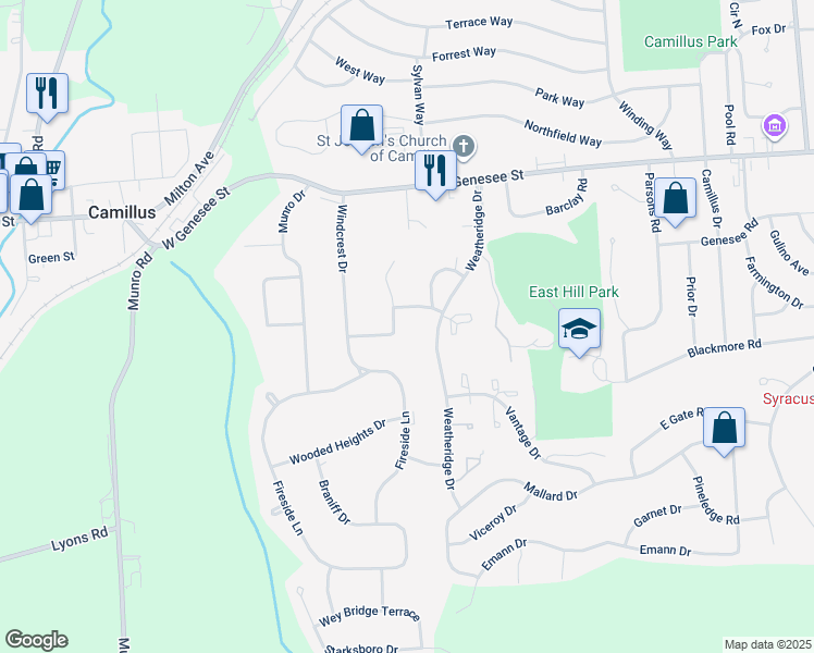 map of restaurants, bars, coffee shops, grocery stores, and more near 121 Rebhahn Drive in Camillus