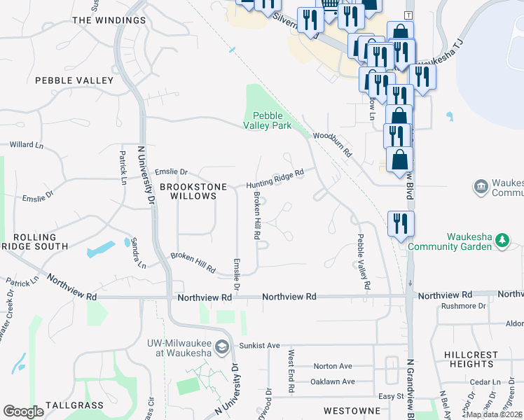 map of restaurants, bars, coffee shops, grocery stores, and more near 2300 Stonehenge Court in Waukesha