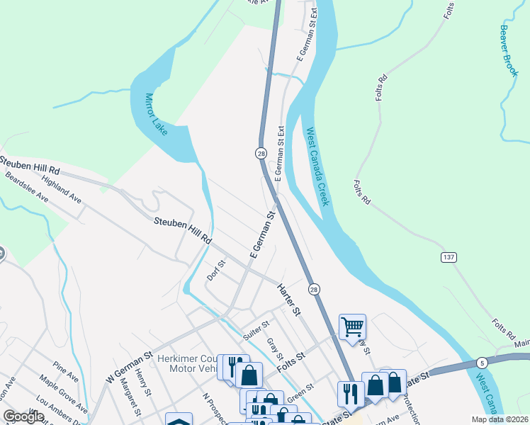 map of restaurants, bars, coffee shops, grocery stores, and more near 609 East German Street Extension in Herkimer