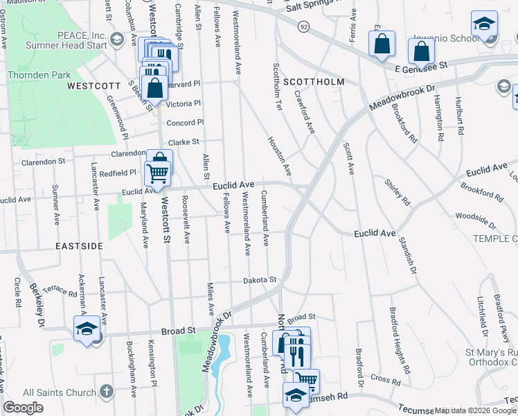 map of restaurants, bars, coffee shops, grocery stores, and more near 518 Cumberland Avenue in Syracuse