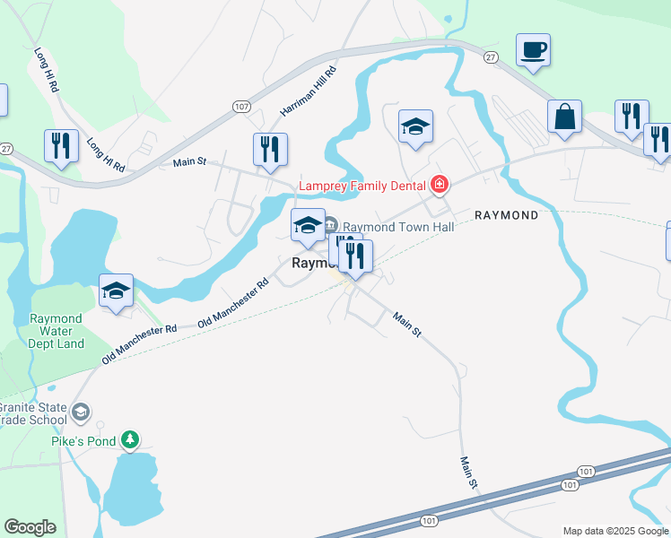 map of restaurants, bars, coffee shops, grocery stores, and more near 57 Main Street in Raymond