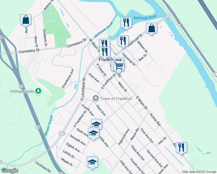 map of restaurants, bars, coffee shops, grocery stores, and more near 128 Pleasant Avenue in Frankfort