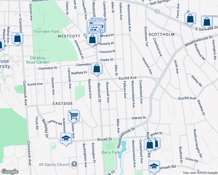 map of restaurants, bars, coffee shops, grocery stores, and more near 101 Roosevelt Avenue in Syracuse