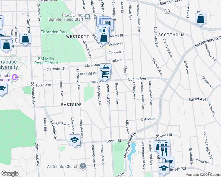 map of restaurants, bars, coffee shops, grocery stores, and more near 826 Euclid Avenue in Syracuse
