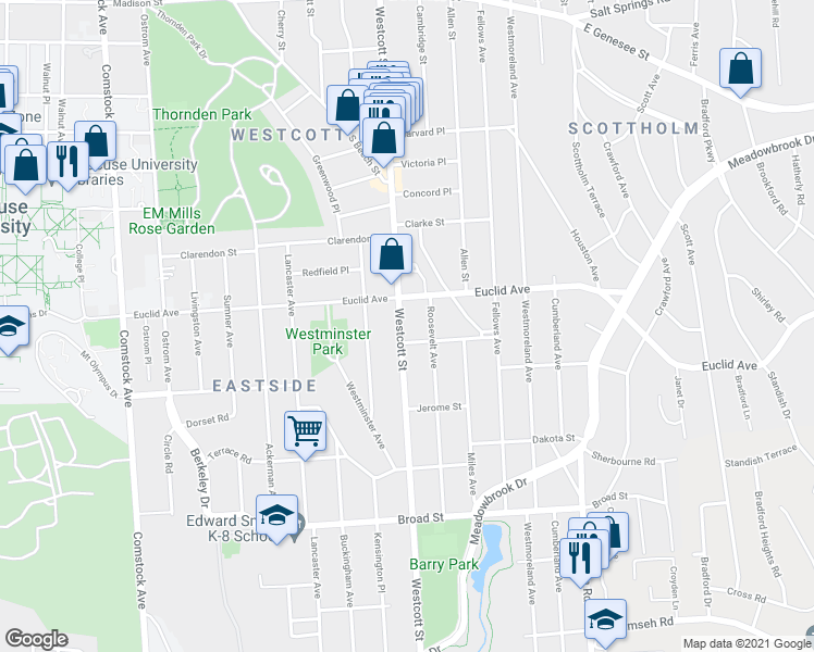 map of restaurants, bars, coffee shops, grocery stores, and more near 826 Euclid Avenue in Syracuse