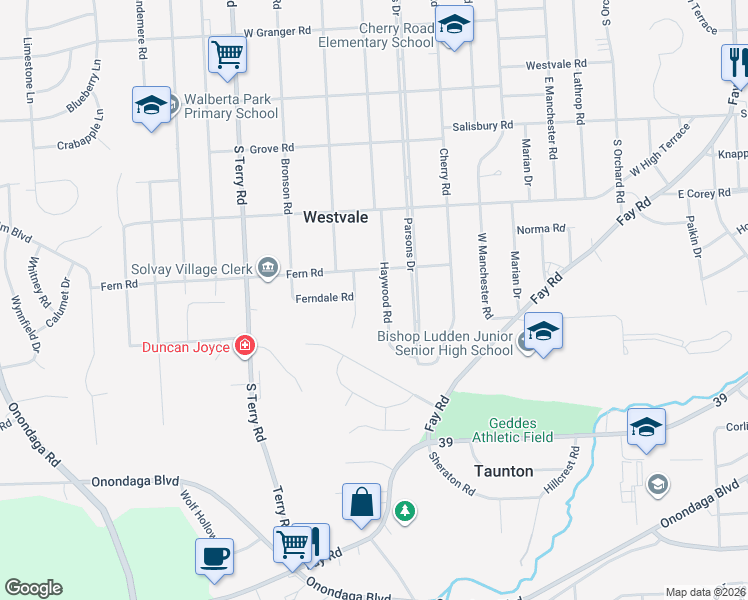 map of restaurants, bars, coffee shops, grocery stores, and more near 103 Harriet Street in Syracuse