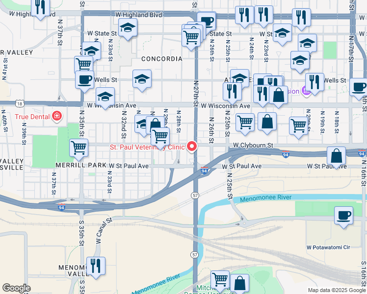 map of restaurants, bars, coffee shops, grocery stores, and more near 509 North 28th Street in Milwaukee