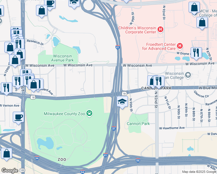 map of restaurants, bars, coffee shops, grocery stores, and more near 524 North 98th Street in Wauwatosa