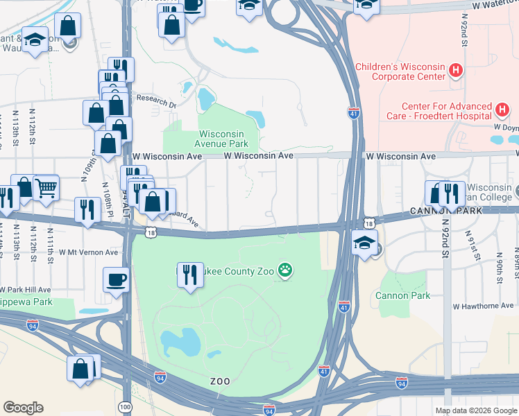 map of restaurants, bars, coffee shops, grocery stores, and more near 532-600 North 103rd Street in Wauwatosa
