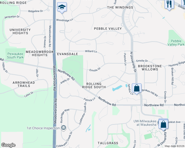 map of restaurants, bars, coffee shops, grocery stores, and more near 2923 Emslie Drive in Waukesha