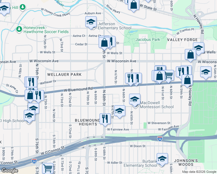 map of restaurants, bars, coffee shops, grocery stores, and more near West Bluemound Road in Milwaukee