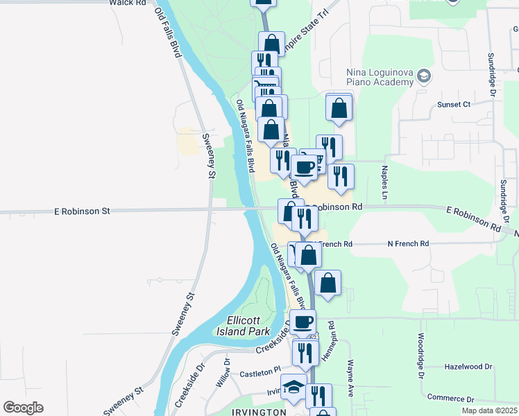 map of restaurants, bars, coffee shops, grocery stores, and more near 178 Old Niagara Falls Boulevard in Buffalo
