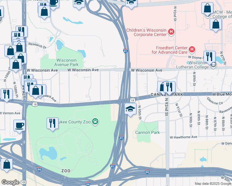 map of restaurants, bars, coffee shops, grocery stores, and more near 524 North 98th Street in Wauwatosa