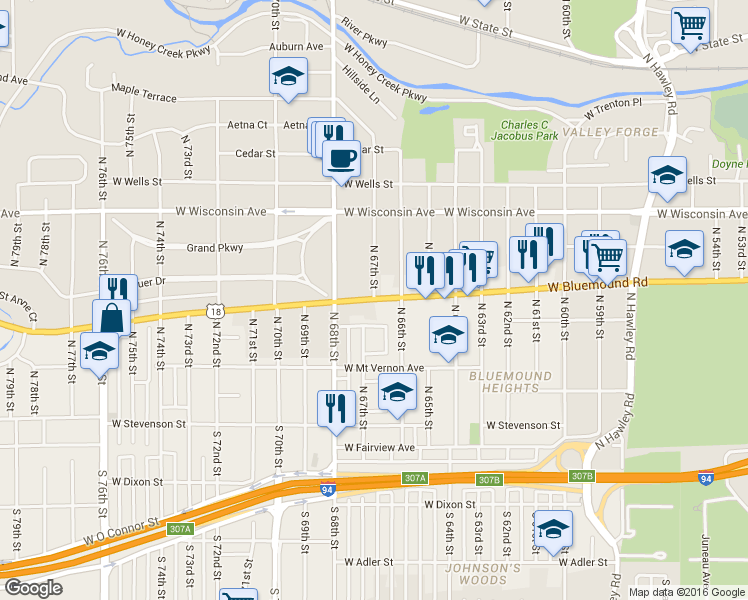 map of restaurants, bars, coffee shops, grocery stores, and more near W Bluemound Rd & N 67th St in Wauwatosa