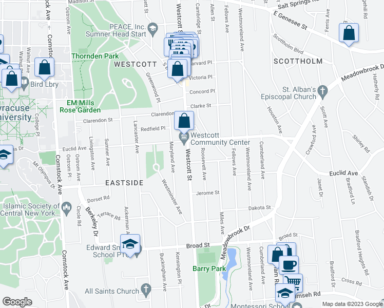 map of restaurants, bars, coffee shops, grocery stores, and more near 825-27 Westcott Street in Syracuse