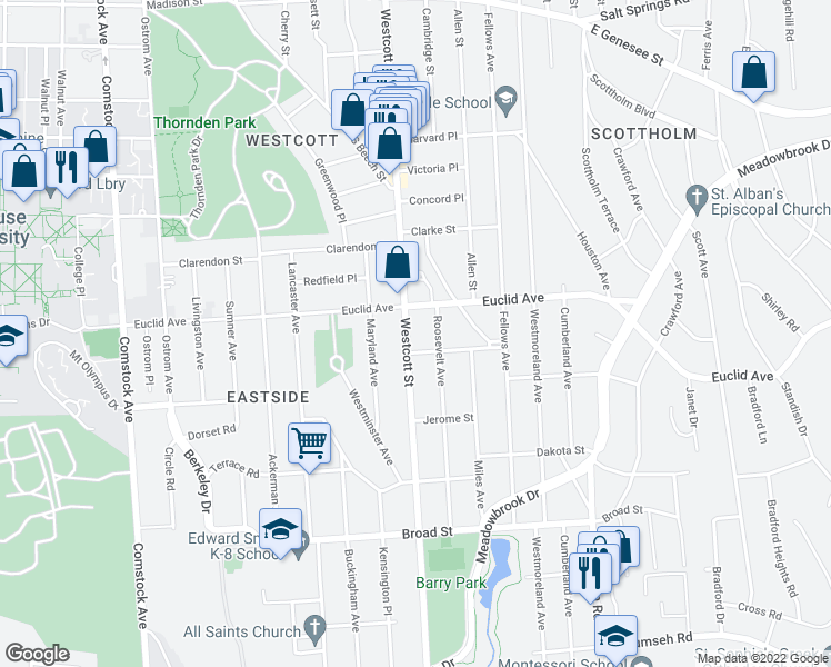 map of restaurants, bars, coffee shops, grocery stores, and more near 827 Westcott Street in Syracuse