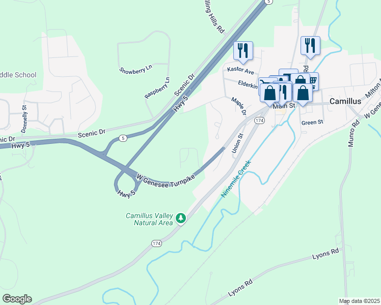map of restaurants, bars, coffee shops, grocery stores, and more near 305 Christopher Way in Camillus
