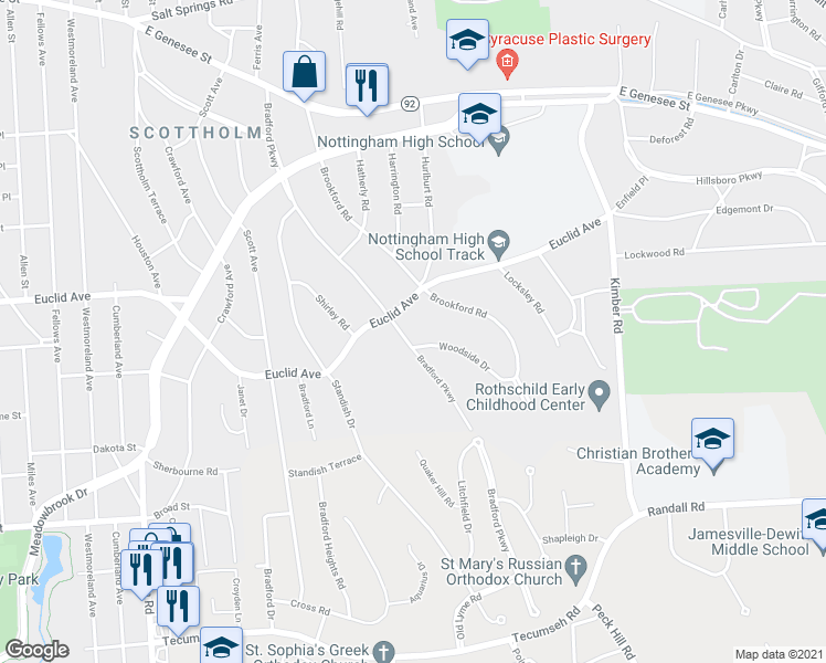 map of restaurants, bars, coffee shops, grocery stores, and more near 405 Bradford Parkway in Syracuse