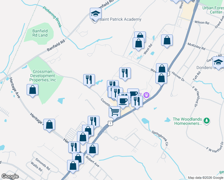 map of restaurants, bars, coffee shops, grocery stores, and more near 360 Constitution Avenue in Portsmouth