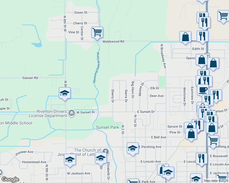 map of restaurants, bars, coffee shops, grocery stores, and more near 1108 Westwood Drive in Riverton