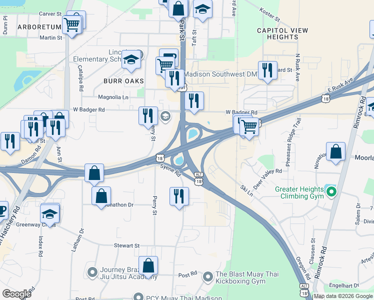 map of restaurants, bars, coffee shops, grocery stores, and more near 2647-2683 S Park St in Madison