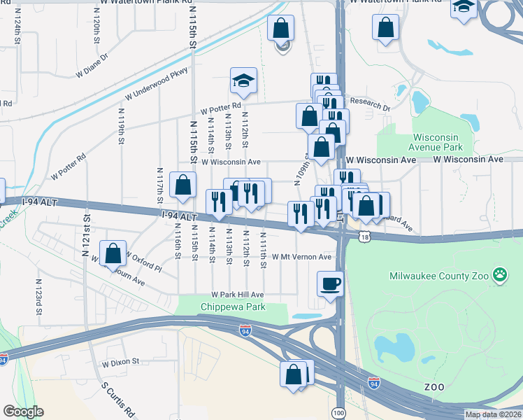 map of restaurants, bars, coffee shops, grocery stores, and more near 510 North 111th Street in Wauwatosa