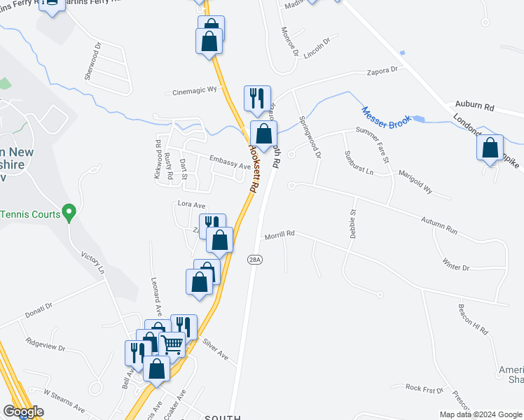 map of restaurants, bars, coffee shops, grocery stores, and more near 124 North Mammoth Road in Hooksett