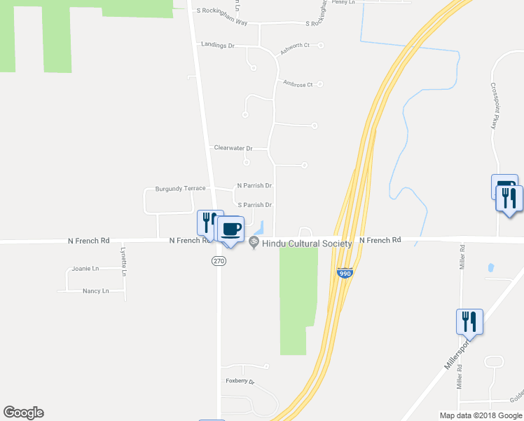 map of restaurants, bars, coffee shops, grocery stores, and more near 21 South Parrish Drive in Buffalo