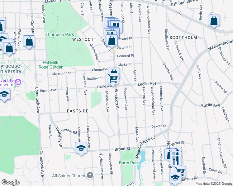 map of restaurants, bars, coffee shops, grocery stores, and more near 825 Westcott Street in Syracuse