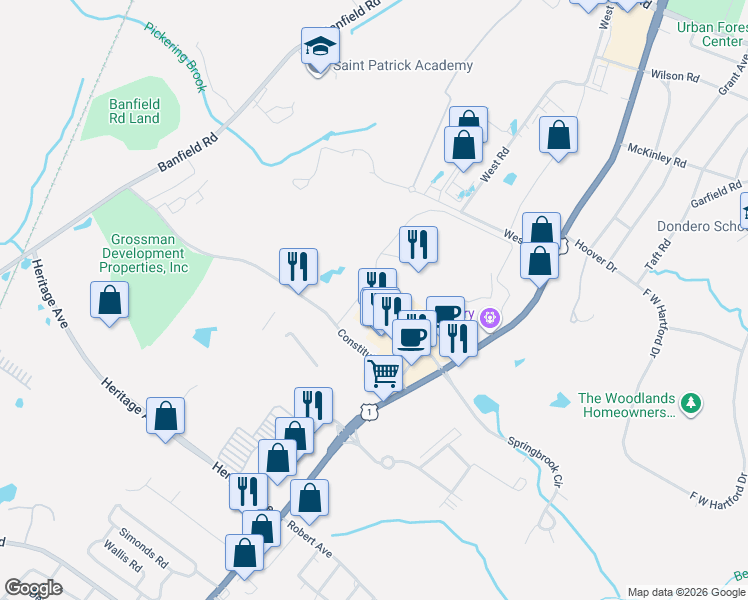 map of restaurants, bars, coffee shops, grocery stores, and more near 360 Constitution Avenue in Portsmouth