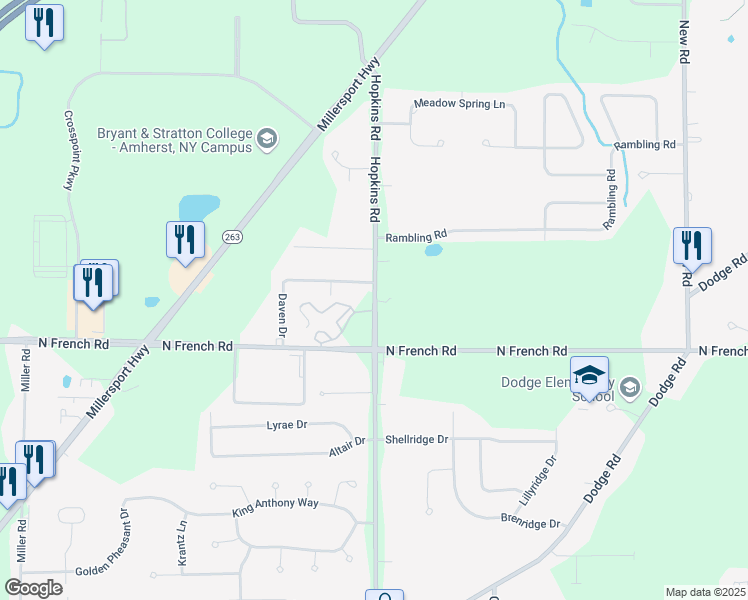 map of restaurants, bars, coffee shops, grocery stores, and more near 2050 Hopkins Road in Getzville