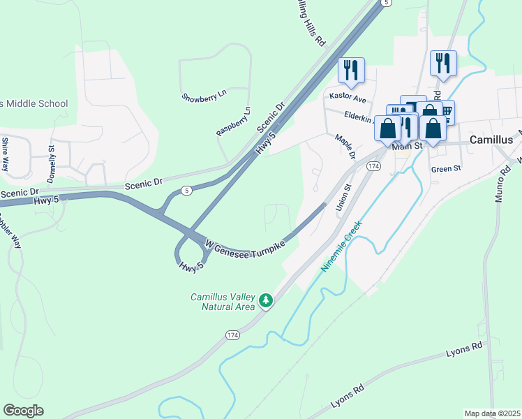 map of restaurants, bars, coffee shops, grocery stores, and more near 136 Camillus Drive in Camillus