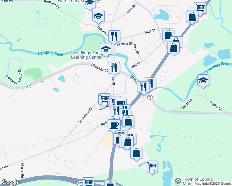 map of restaurants, bars, coffee shops, grocery stores, and more near 105 Main Street in Epping
