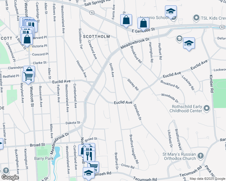 map of restaurants, bars, coffee shops, grocery stores, and more near 339 Scott Avenue in Syracuse