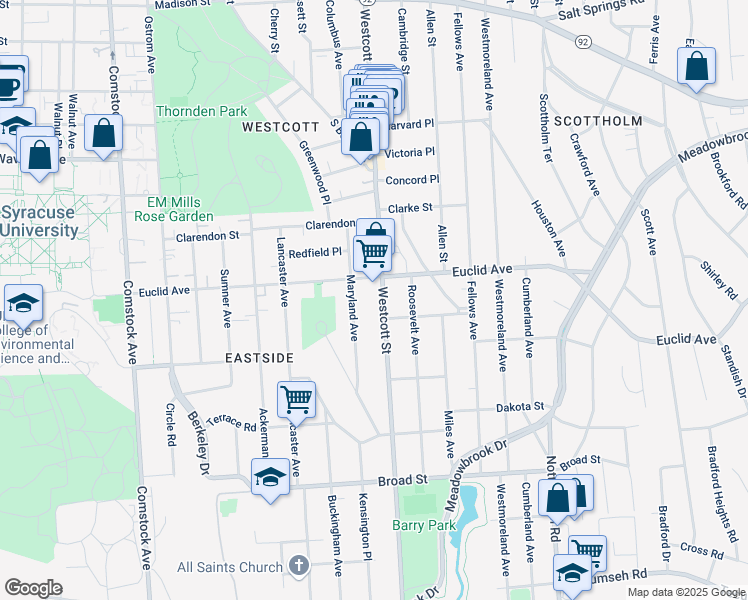 map of restaurants, bars, coffee shops, grocery stores, and more near 826 Euclid Avenue in Syracuse