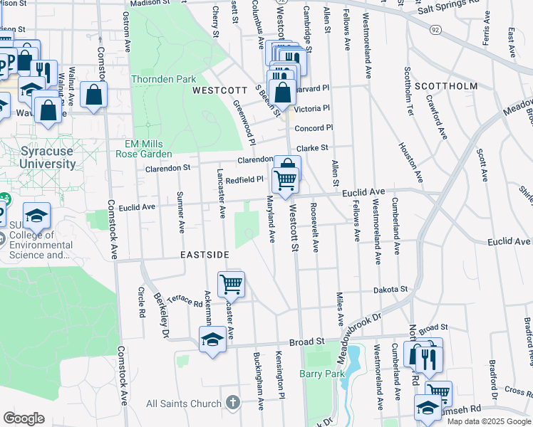 map of restaurants, bars, coffee shops, grocery stores, and more near 800 Maryland Avenue in Syracuse