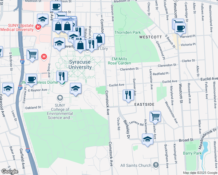 map of restaurants, bars, coffee shops, grocery stores, and more near 201 Euclid Avenue in Syracuse