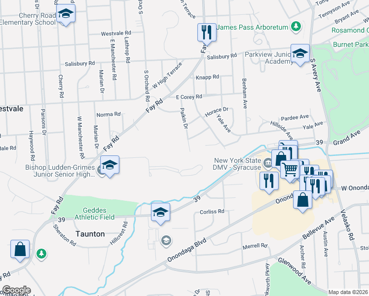 map of restaurants, bars, coffee shops, grocery stores, and more near 211 Morgan Road in Syracuse