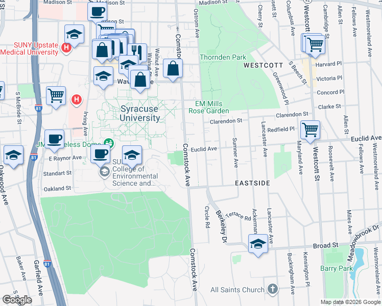 map of restaurants, bars, coffee shops, grocery stores, and more near 201 Euclid Avenue in Syracuse