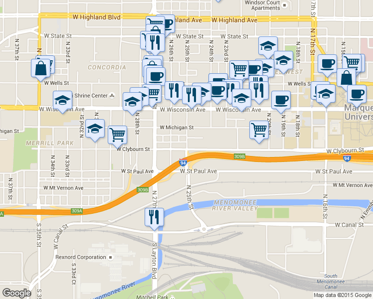map of restaurants, bars, coffee shops, grocery stores, and more near N 25th St & W Clybourn St in Milwaukee