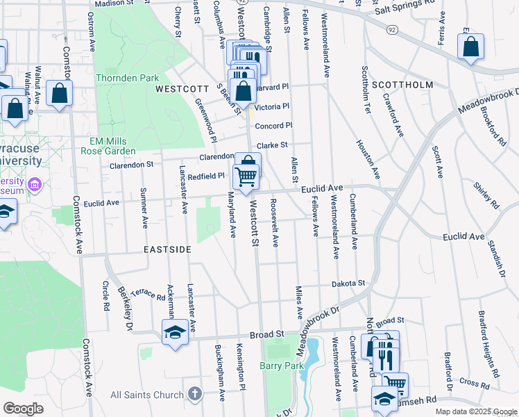 map of restaurants, bars, coffee shops, grocery stores, and more near 821-23 Westcott Street in Syracuse