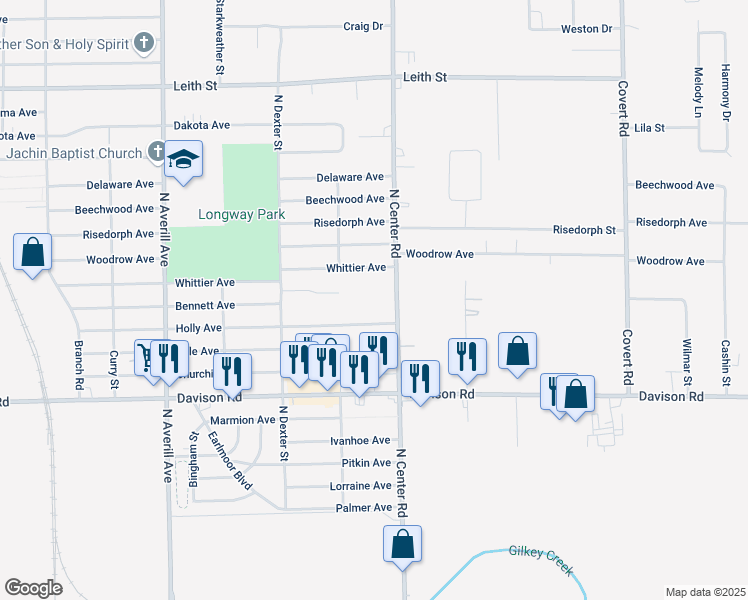 map of restaurants, bars, coffee shops, grocery stores, and more near 2211 Center Road in Flint