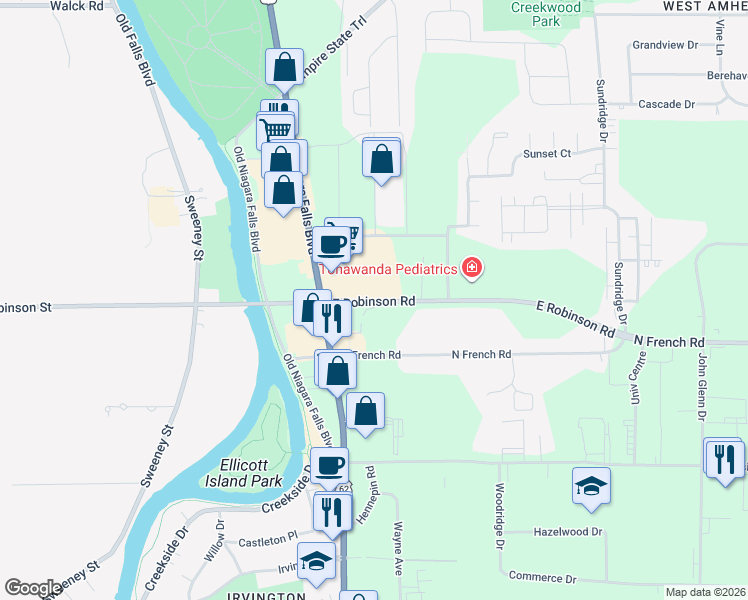 map of restaurants, bars, coffee shops, grocery stores, and more near 3870 East Robinson Road in Erie County