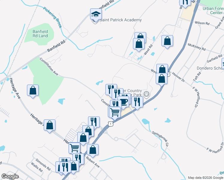 map of restaurants, bars, coffee shops, grocery stores, and more near 360 Constitution Avenue in Portsmouth